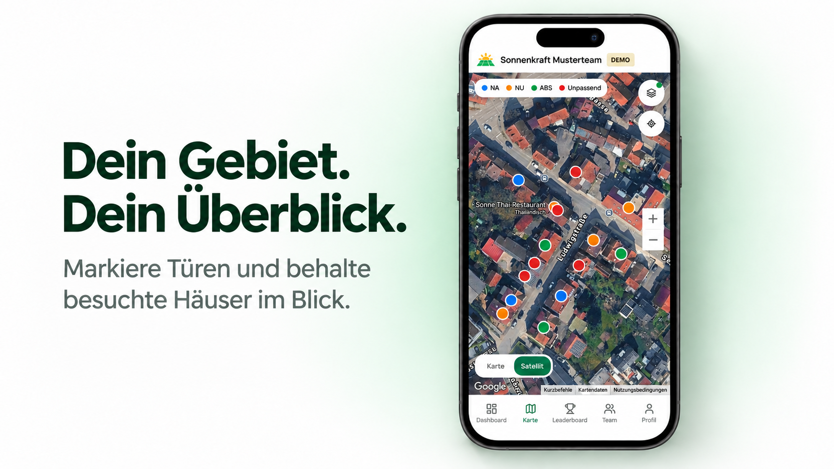 Karte mit farbigen Türmarkierungen in Satellitenansicht